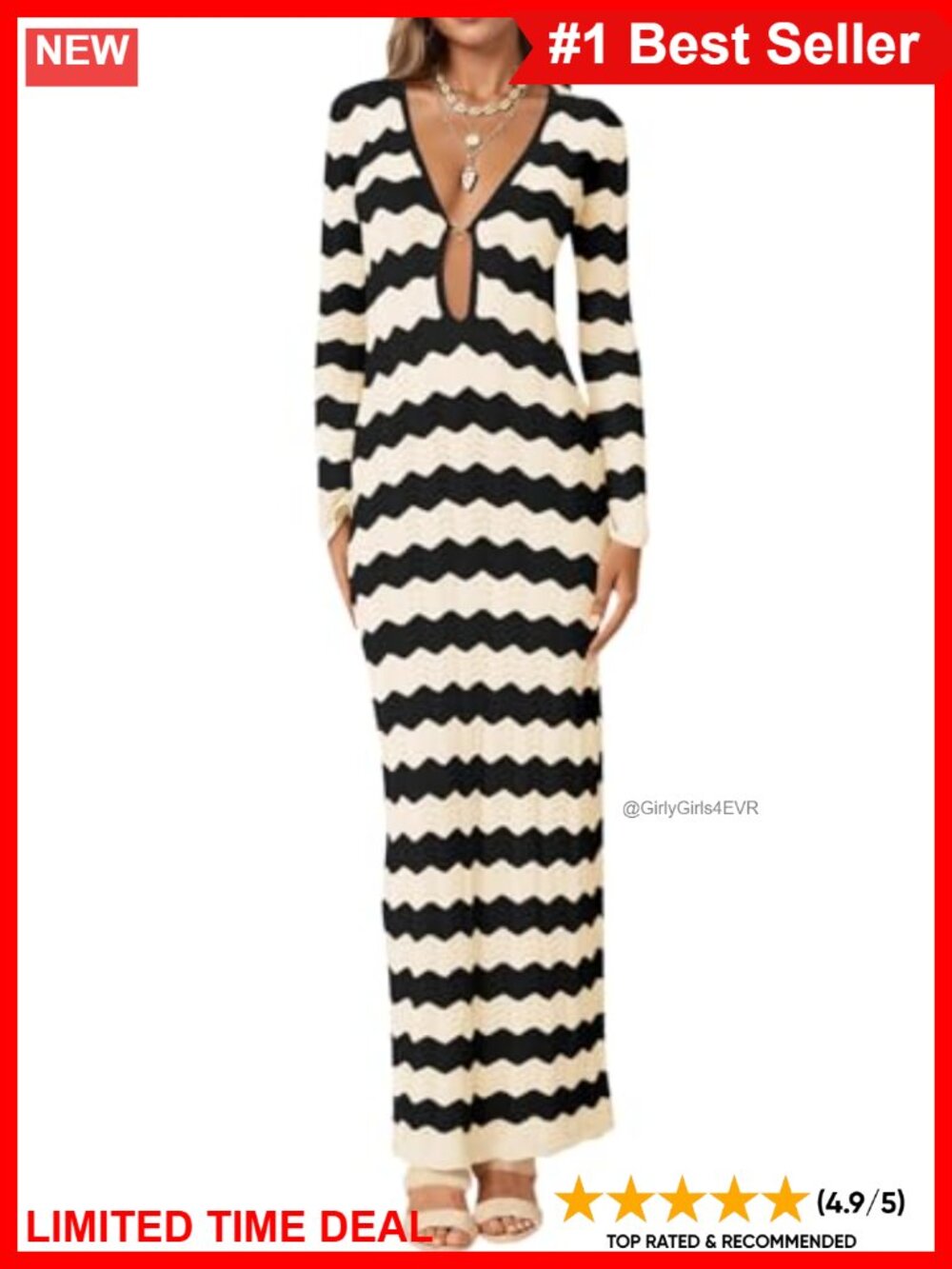 Crochet Striped Maxi Cover-Up Dress V-Neck Long Sleeve Beach Vacation